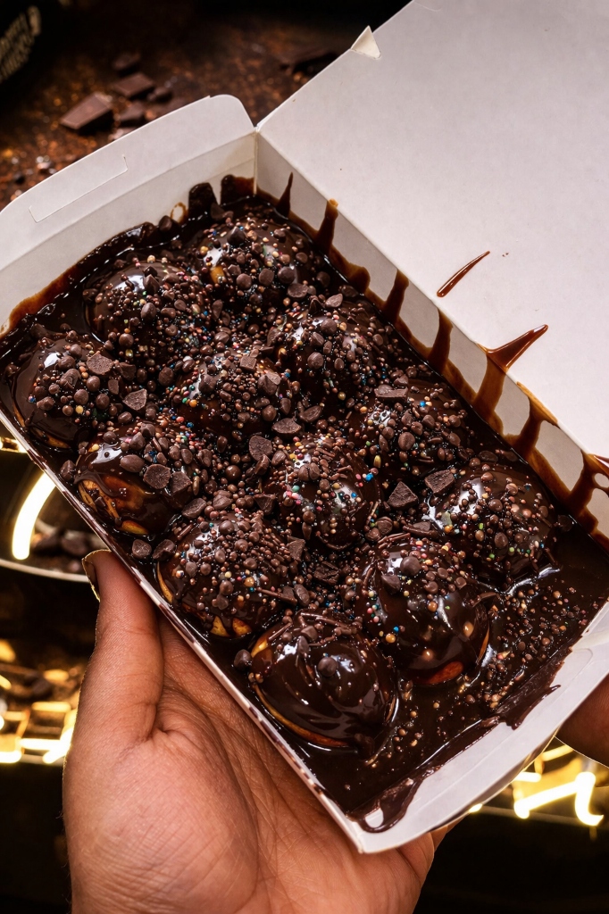 Dark Chocolate Mini Pancakes - pure rich dark chocolate sauce on fluffy pancakes