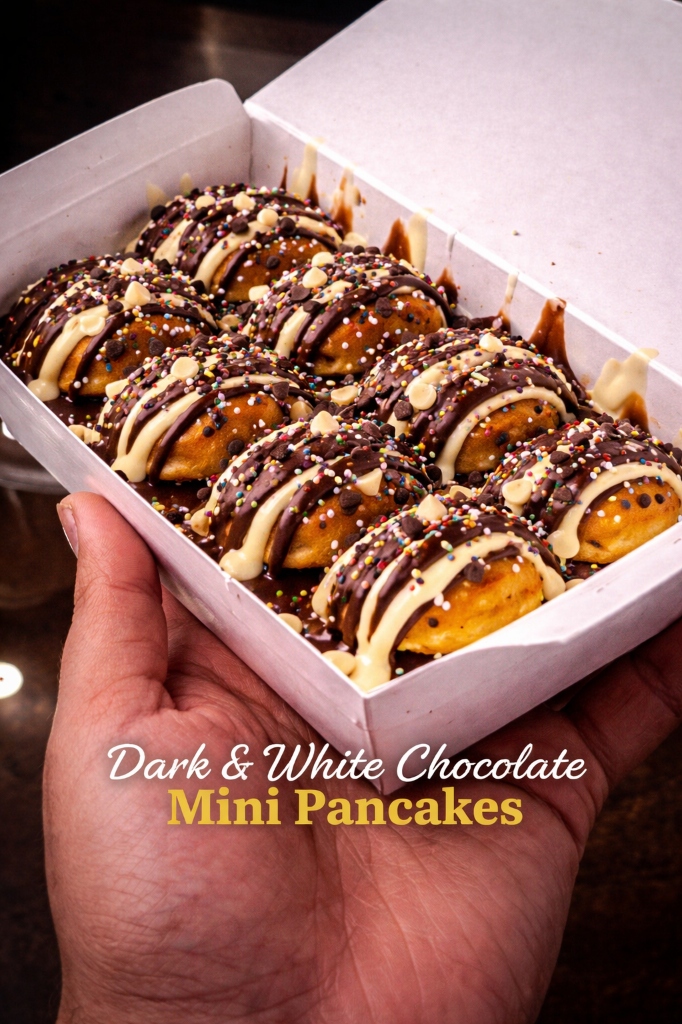 Dark and White Chocolate Mini Pancakes - 8 pieces with rich chocolate drizzle - bestseller in Ghaziabad