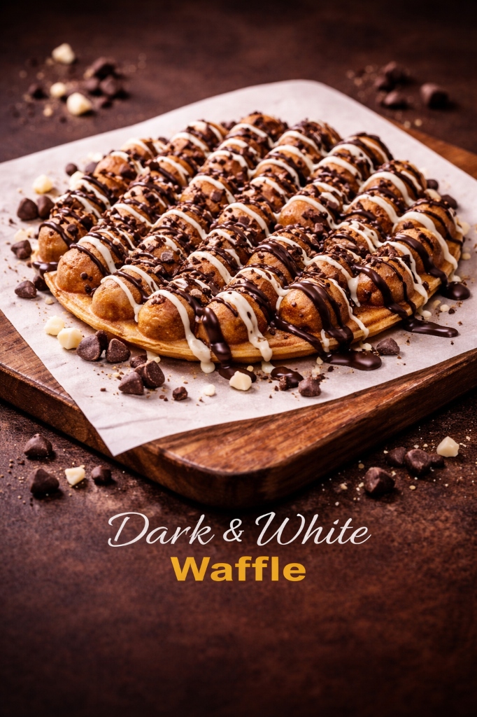 Dark and White Belgian Waffle - crispy waffle with dark and white chocolate swirl and vanilla ice cream