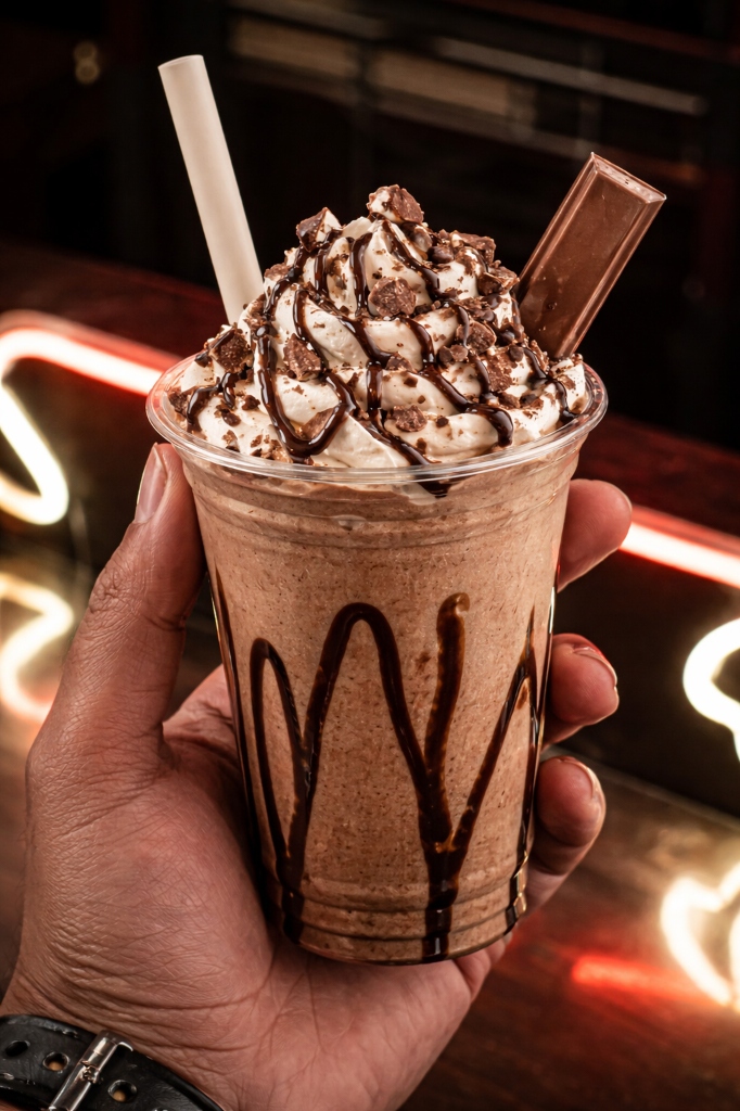 Instagram photo of thick chocolate KitKat milkshake with whipped cream