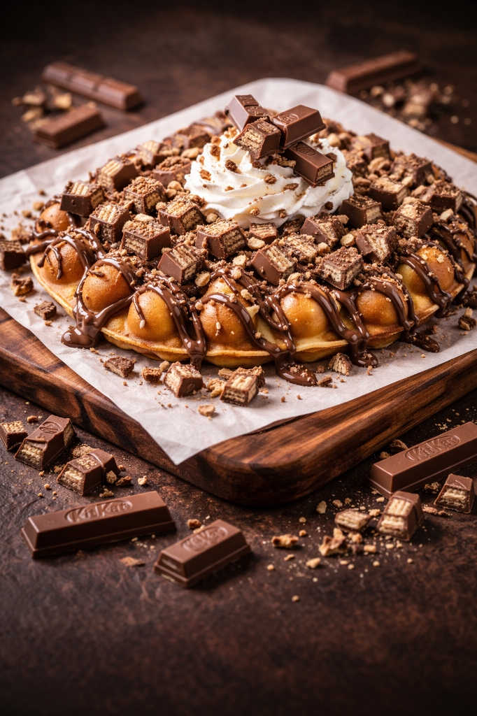 Stacked waffles with milk chocolate syrup and broken KitKat chocolate bar pieces - crunchy dessert