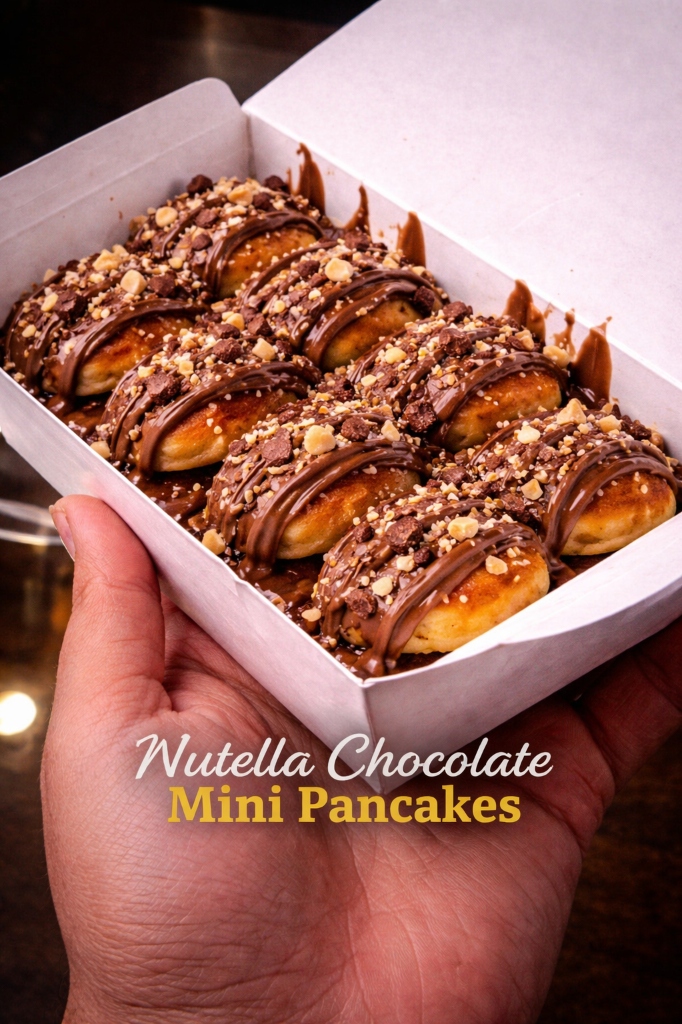 Twelve fluffy mini pancakes in takeaway container dripping with melted Nutella chocolate - trending dessert