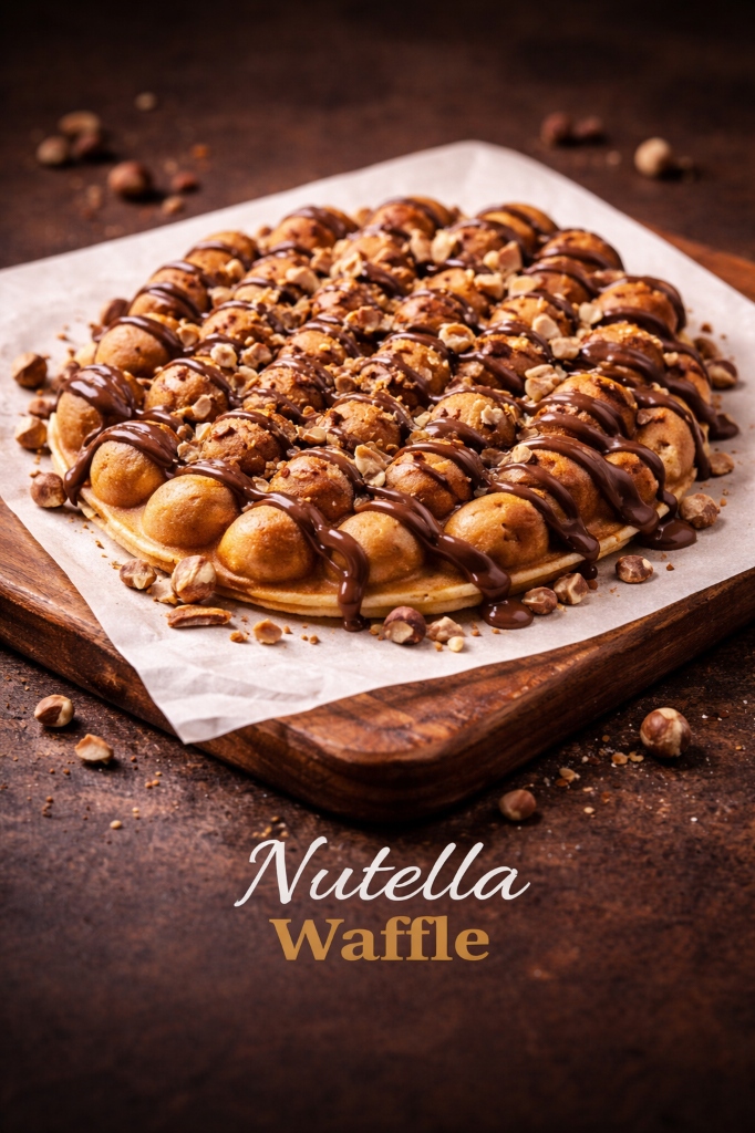 Warm Belgian waffle smothered in thick hazelnut Nutella chocolate spread and crushed hazelnuts - bestseller dessert