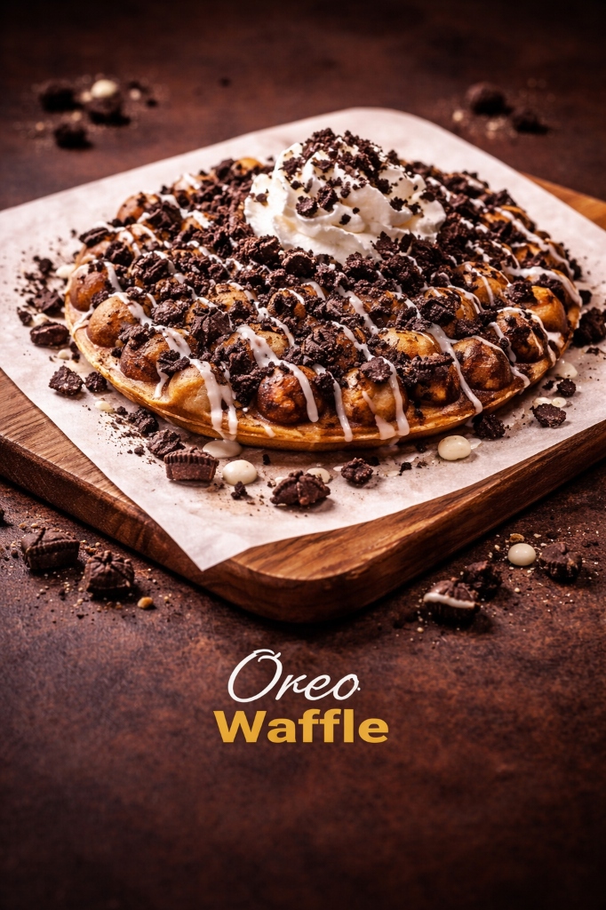 Oreo Waffle - crispy waffle loaded with crushed Oreo cookies and cream sauce topped with ice cream