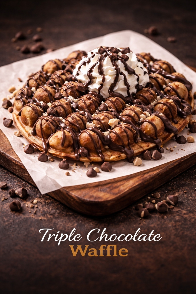 Crispy Belgian waffle topped with fresh whipped cream and chocolate drizzle - Taste & Craviing specialty