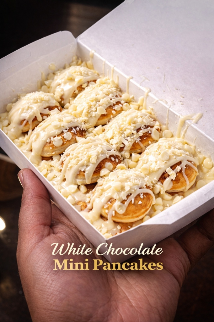 White Chocolate Mini Pancakes - silky smooth white chocolate drizzle